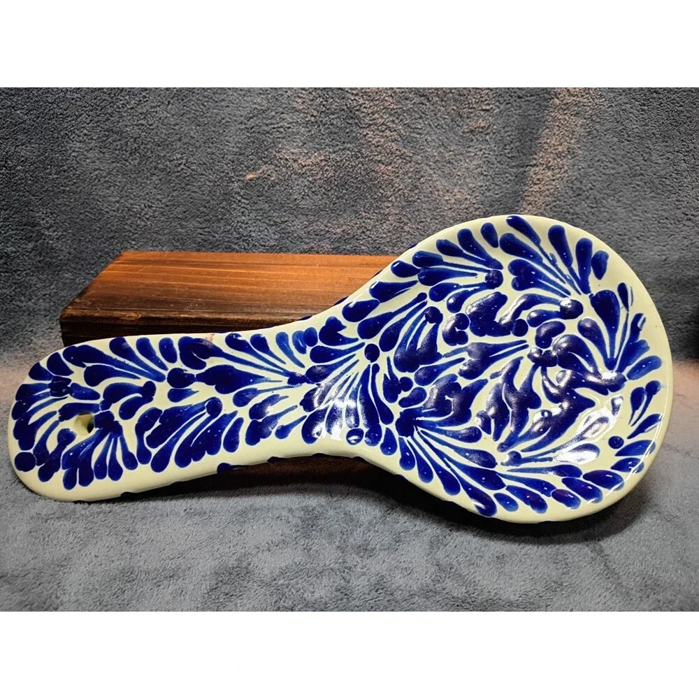 Talavera Mexico Hand Painted Spoon Rest Blue White Pottery 10.5